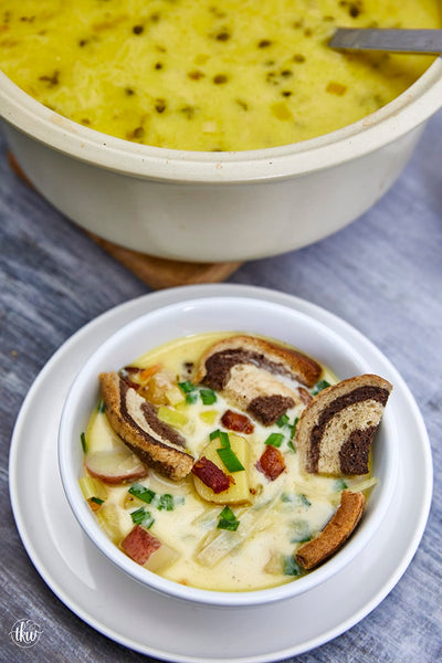 White Cheddar Potato Leek Soup with Bacon and Chives