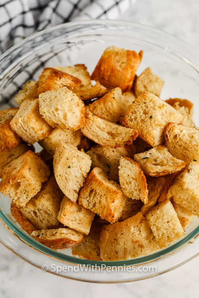 Whenever there’s leftover or stale bread, just repurpose it into crispy, crunchy, savory croutons!
