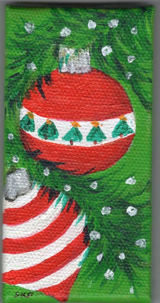 Christmas ornaments painting,   miniature painting, 2 x 4   holiday decor artwork, easel by SharonFosterArt