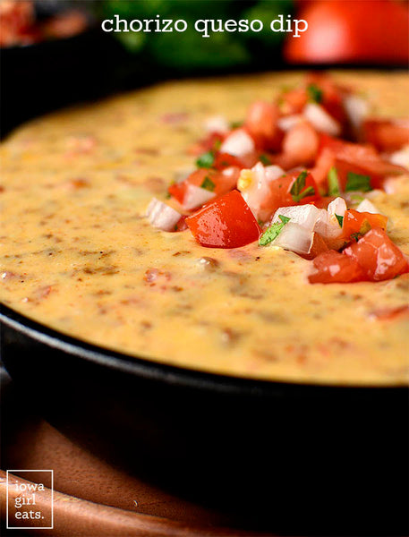 Chorizo Queso Dip is made from just three ingredients! This creamy, cheesy, gluten free dip recipe will be the hit of your next tailgate party