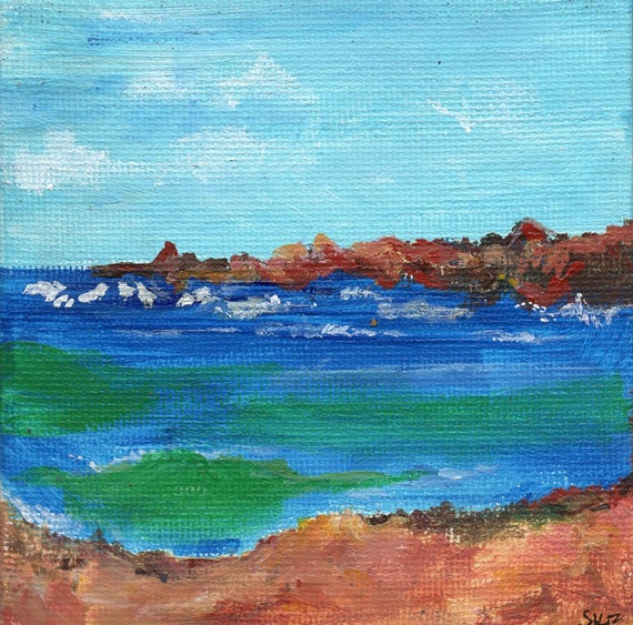 Aruba Seascape, Beach Mini Painting on canvas Original Ocean Art 4 x 4 little Aruba beach painting, Malmok Beach, acrylic painting small art by SharonFosterArt