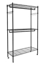 Load image into Gallery viewer, Explore modrine double rod garment rack 3 tiers heavy duty hanging closet with lockable rolling wheels 2 side hooks and 2 clothes rods black