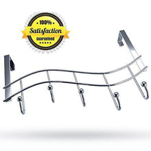 Load image into Gallery viewer, Shop for over the door rack with hooks 5 hangers for towels coats clothes robes ties hats bathroom closet extra long heavy duty chrome space saver mudroom organizer by kyle matthews designs