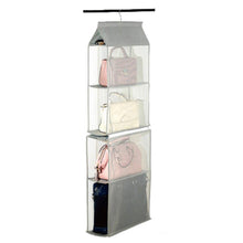 Load image into Gallery viewer, Products zaro 2 in 1 hanging shelf garment organizer for bags clothes 4 shelves practical closet purse storage collapsible space saver accessory breathable mesh net with hooks hanger easy mount gray