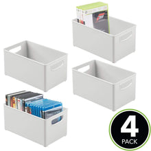 Load image into Gallery viewer, Try mdesign plastic stackable home storage organizer container bin box with handles for media consoles closets cabinets holds dvds blu ray video games gaming accessories 4 pack light gray