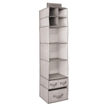 Load image into Gallery viewer, Discover the mdesign soft fabric over closet rod hanging storage organizer with 7 shelves and 3 removable drawers for child kids room or nursery textured print 2 pack linen tan