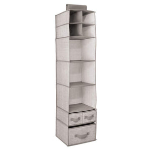 Discover the mdesign soft fabric over closet rod hanging storage organizer with 7 shelves and 3 removable drawers for child kids room or nursery textured print 2 pack linen tan