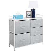 Load image into Gallery viewer, Best mdesign wide dresser storage tower sturdy steel frame wood top easy pull fabric bins organizer unit for bedroom hallway entryway closets textured print 5 drawers gray white