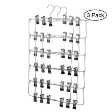 Load image into Gallery viewer, Home 6 tier skirt hangers star fly space saving pants hangers sturdy multi purpose stainless steel pants jeans slack skirt hangers with clips non slip closet storage organizer 3pcs