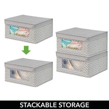 Load image into Gallery viewer, Selection mdesign soft stackable fabric closet storage organizer holder bin with clear window attached hinged lid for bedroom hallway entryway bathroom chevron print medium 4 pack taupe natural