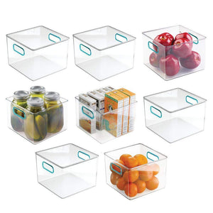 mDesign Plastic Food Storage Container Bin with Handles for Kitchen, Pantry, Cabinet, Fridge/Freezer - Cube Organizer for Snacks, Produce, Vegetables, Pasta - BPA Free, Food Safe - 8 Pack, Clear/Blue