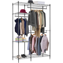 Load image into Gallery viewer, Amazon best hanging closet organizer and storage heavy duty clothes rack sturdy 3 rod garment rack large with wire shelving height adjustable commercial grade metal clothes stand rack for bedroom cloakroom black