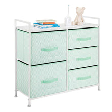 Load image into Gallery viewer, Latest mdesign wide dresser storage tower furniture metal frame wood top easy pull fabric bins organizer for kids bedroom hallway entryway closet dorm chevron print 5 drawers mint green white