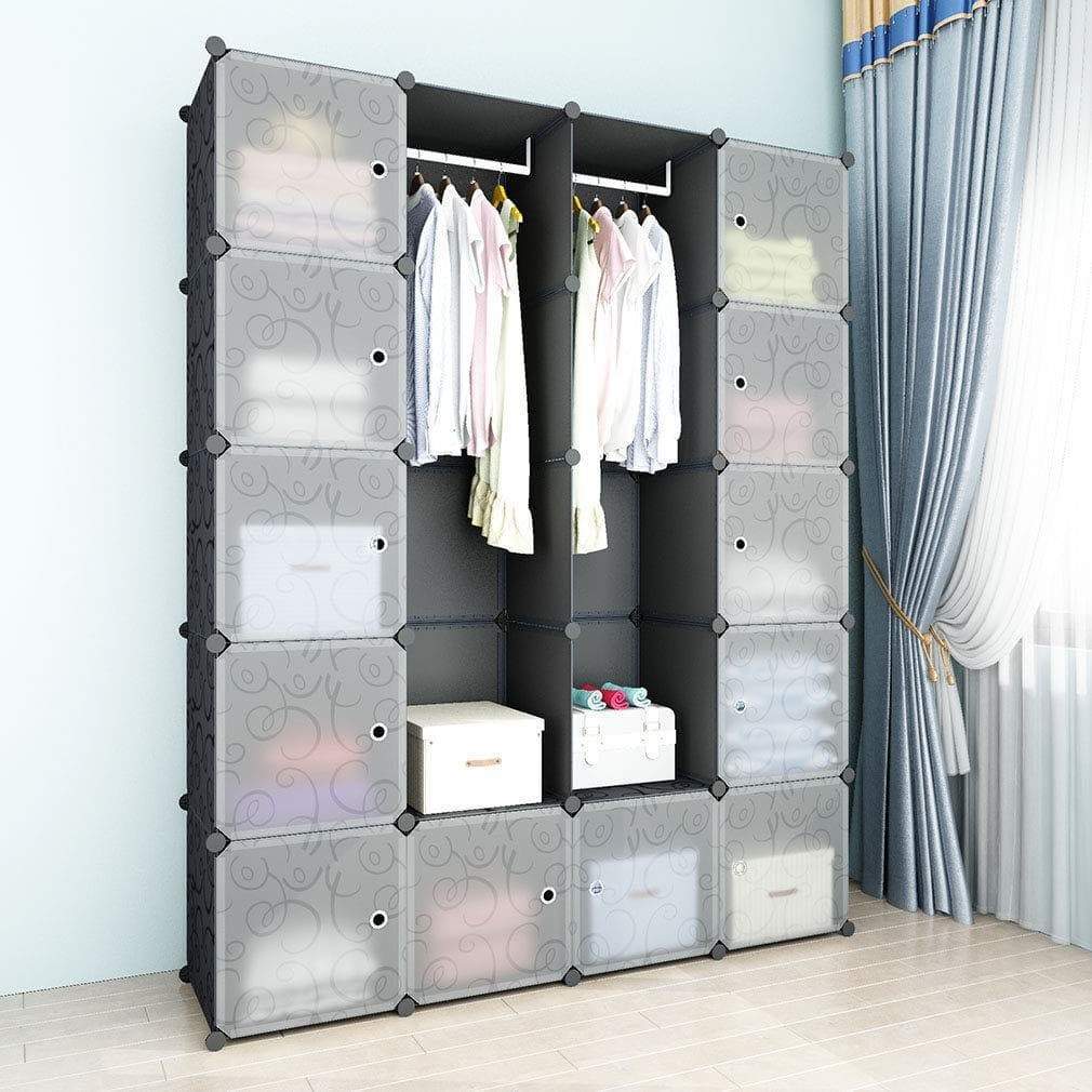 SIMPDIY Space-Saving Multifunction Sturdy Plastic Storage Organizer Shelves Bookshelf Plastic Portable Wardrobe Black (12+2 Cubes 2 Rods 144x36x180cm/57x13x71In)