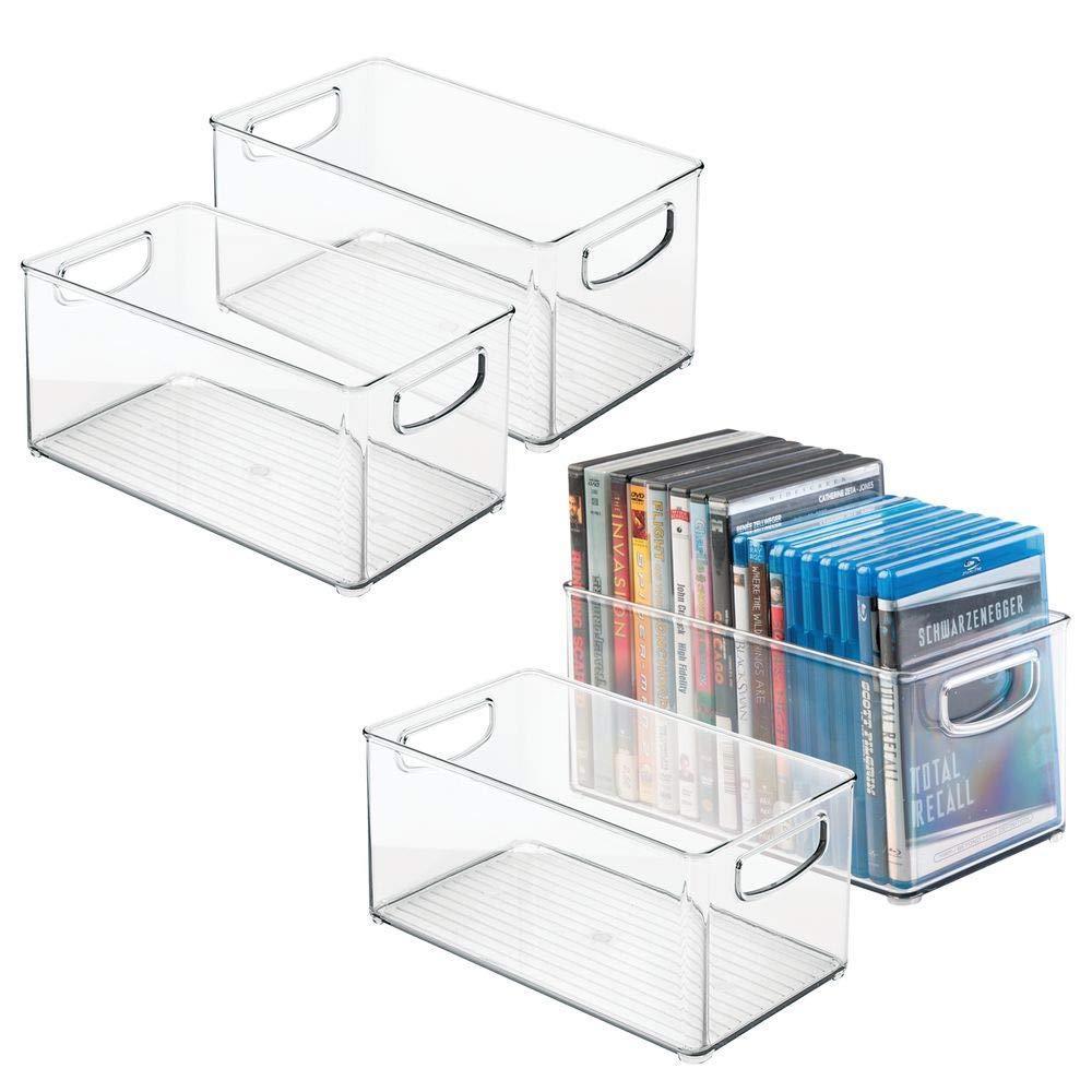 Heavy duty mdesign plastic stackable household storage organizer container bin box with handles for media consoles closets cabinets holds dvds video games gaming accessories head sets 4 pack clear