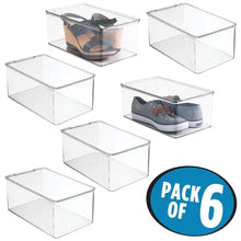 Load image into Gallery viewer, Selection mdesign stackable closet plastic storage bin box with lid container for organizing mens and womens shoes booties pumps sandals wedges flats heels and accessories 5 high 6 pack clear