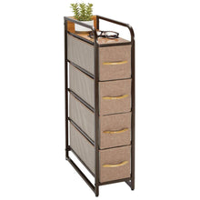 Load image into Gallery viewer, Explore mdesign vertical narrow dresser storage tower sturdy steel frame wood top handles easy pull fabric bins organizer unit for bedroom hallway entryway closets 4 drawers coffee espresso