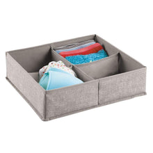 Load image into Gallery viewer, Discover mdesign soft fabric dresser drawer and closet storage organizer bin for lingerie bras socks leggings clothes purses scarves divided 4 section tray textured print 2 pack linen tan