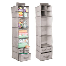 Load image into Gallery viewer, Discover mdesign soft fabric over closet rod hanging storage organizer with 7 shelves and 3 removable drawers for child kids room or nursery textured print 2 pack linen tan