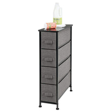 Load image into Gallery viewer, Results mdesign narrow vertical dresser storage tower sturdy metal frame wood top easy pull fabric bins organizer unit for bedroom hallway entryway closet textured print 4 drawers charcoal gray