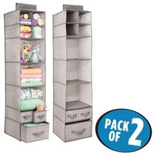 Load image into Gallery viewer, Featured mdesign soft fabric over closet rod hanging storage organizer with 7 shelves and 3 removable drawers for child kids room or nursery textured print 2 pack linen tan