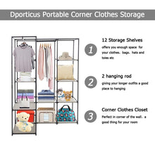 Load image into Gallery viewer, Related dporticus portable corner clothes closet wardrobe storage organizer with metal shelves and dustproof non woven fabric cover in gray