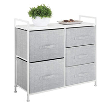 Load image into Gallery viewer, Try mdesign wide dresser storage tower sturdy steel frame wood top easy pull fabric bins organizer unit for bedroom hallway entryway closets textured print 5 drawers gray white