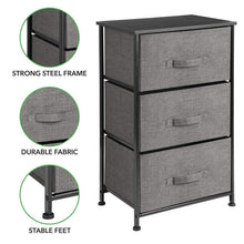 Load image into Gallery viewer, Explore mdesign vertical dresser storage tower sturdy steel frame wood top easy pull fabric bins organizer unit for bedroom hallway entryway closets textured print 3 drawers charcoal gray black