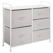 Load image into Gallery viewer, Top rated mdesign wide dresser storage tower sturdy steel frame wood top easy pull fabric bins organizer unit for bedroom hallway entryway closets chevron print 5 drawers taupe white
