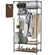Load image into Gallery viewer, Featured langria heavy duty zip up closet shoe organizer with detachable brown cloth cover wardrobe metal storage clothes rack armoire with 4 shelves and 2 hanging rods max load 463 lbs