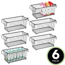 Load image into Gallery viewer, On amazon mdesign household stackable metal wire storage organizer bin basket with built in handles for kitchen cabinets pantry closets bedrooms bathrooms 12 5 wide 6 pack graphite gray