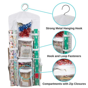 Purchase houseables wrapping paper storage gift wrap organizer 10 pockets 43 x 17 white clear plastic home closet organization hanging craft holder for christmas decorations ornaments ribbons