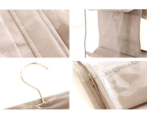 Discover vercord 6 pocket hanging purse handbag tote storage holder organizer dust proof closet wardrobe hatstand space saver beige