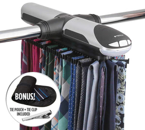 Top rated storagemaid motorized tie rack organizer for closet with led lights battery operated holds 72 ties and 8 belts includes j hooks for wire shelving bonus tie travel pouch tie clip
