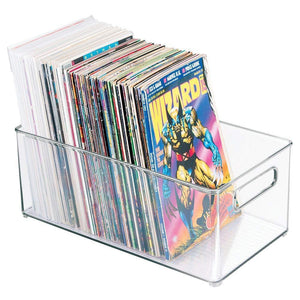 Budget friendly mdesign plastic home storage organizer container bin with handles for closets cabinets shelves hold dvds video games head sets controllers comics movies 14 5 long 8 pack clear