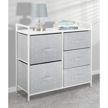Load image into Gallery viewer, Budget mdesign wide dresser storage tower sturdy steel frame wood top easy pull fabric bins organizer unit for bedroom hallway entryway closets textured print 5 drawers gray white
