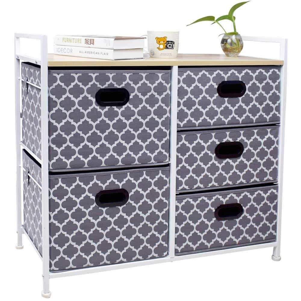 Top wide dresser storage tower 5 drawer chest sturdy steel frame wood top easy pull fabric bins organizer unit for bedroom playroom entryway closets lantern printing gray white
