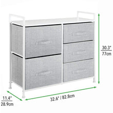Load image into Gallery viewer, Amazon mdesign wide dresser storage tower sturdy steel frame wood top easy pull fabric bins organizer unit for bedroom hallway entryway closets textured print 5 drawers gray white