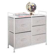 Load image into Gallery viewer, Storage organizer mdesign wide dresser storage tower sturdy steel frame wood top easy pull fabric bins organizer unit for bedroom hallway entryway closets chevron print 5 drawers taupe white
