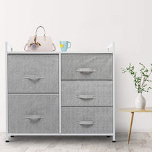 Load image into Gallery viewer, Top rated kingso fabric 5 drawer dresser storage tower organizer unit with sturdy steel frame and easy pull faux linen drawers for bedroom living room guest room dorm closet grey