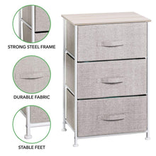 Load image into Gallery viewer, Storage organizer mdesign vertical dresser storage tower sturdy steel frame wood top easy pull fabric bins organizer unit for bedroom hallway entryway closets textured print 3 drawers linen natural