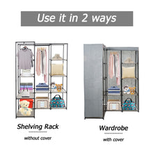 Load image into Gallery viewer, Products dporticus portable corner clothes closet wardrobe storage organizer with metal shelves and dustproof non woven fabric cover in gray