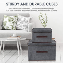 Load image into Gallery viewer, Heavy duty foldable storage boxes with lids 2 set of linen fabric cubes with handles for shelf closet book kid toy nursery organize grey