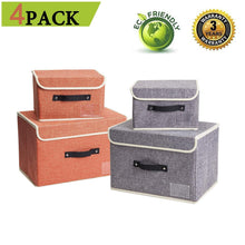 Load image into Gallery viewer, Best janes home 4 pack storage bins boxes linen collapsible cube set organizer basket with lid handle foldable fabric containers for clothes toys closet office nursery grey and orange