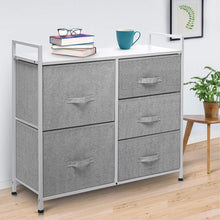 Load image into Gallery viewer, Best seller  kingso fabric 5 drawer dresser storage tower organizer unit with sturdy steel frame and easy pull faux linen drawers for bedroom living room guest room dorm closet grey