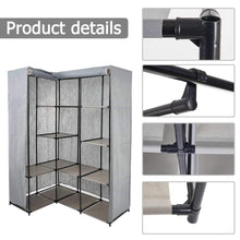 Load image into Gallery viewer, Purchase dporticus portable corner clothes closet wardrobe storage organizer with metal shelves and dustproof non woven fabric cover in gray