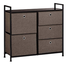 Load image into Gallery viewer, Latest langria faux linen wide dresser storage tower with 5 easy pull drawer and handles sturdy metal frame and wooden table organizer unit for guest dorm room closet hallway office area dark brown