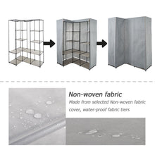 Load image into Gallery viewer, Organize with dporticus portable corner clothes closet wardrobe storage organizer with metal shelves and dustproof non woven fabric cover in gray