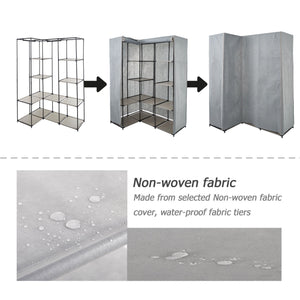 Organize with dporticus portable corner clothes closet wardrobe storage organizer with metal shelves and dustproof non woven fabric cover in gray