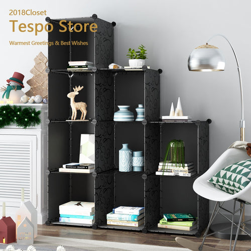 9-Cube Modular DIY Storage Cube Organizer by Tespo 4 tier Shelving Bookcase Cabinet Closet Black (9 - Regular Cube)